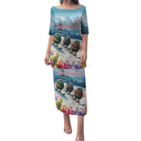 New Zealand Merry Christmas Puletasi Kiwi Birds Snow Boarding-Vibrant Tropical Flower LT03 Long Dress White - Polynesian Pride