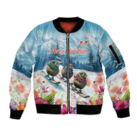 New Zealand Merry Christmas Sleeve Zip Bomber Jacket Kiwi Birds Snow Boarding-Vibrant Tropical Flower LT03 Unisex White - Polynesian Pride