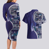 Samoan Siapo Art Tattoo Polynesian Pattern Couples Matching Long Sleeve Bodycon Dress and Hawaiian Shirt Navy Color LT03 - Polynesian Pride
