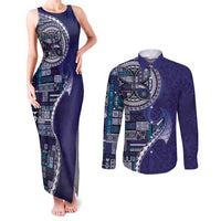 Samoan Siapo Art Tattoo Polynesian Pattern Couples Matching Tank Maxi Dress and Long Sleeve Button Shirt Navy Color - Polynesian Pride
