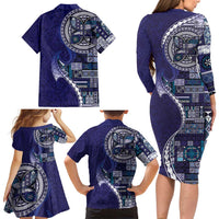 Samoan Siapo Art Tattoo Polynesian Pattern Family Matching Long Sleeve Bodycon Dress and Hawaiian Shirt Navy Color LT03 - Polynesian Pride