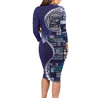 Samoan Siapo Art Tattoo Polynesian Pattern Family Matching Long Sleeve Bodycon Dress and Hawaiian Shirt Navy Color LT03 - Polynesian Pride