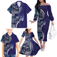 Samoan Siapo Art Tattoo Polynesian Pattern Family Matching Off The Shoulder Long Sleeve Dress and Hawaiian Shirt Navy Color LT03 - Polynesian Pride