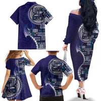 Samoan Siapo Art Tattoo Polynesian Pattern Family Matching Off The Shoulder Long Sleeve Dress and Hawaiian Shirt Navy Color LT03 - Polynesian Pride