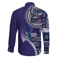 Samoan Siapo Art Tattoo Polynesian Pattern Family Matching Off The Shoulder Long Sleeve Dress and Hawaiian Shirt Navy Color LT03 - Polynesian Pride