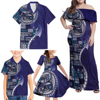 Samoan Siapo Art Tattoo Polynesian Pattern Family Matching Off Shoulder Maxi Dress and Hawaiian Shirt Navy Color LT03 - Polynesian Pride