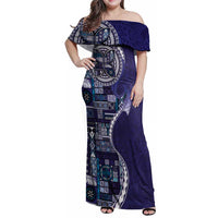 Samoan Siapo Art Tattoo Polynesian Pattern Family Matching Off Shoulder Maxi Dress and Hawaiian Shirt Navy Color LT03 Mom's Dress Navy - Polynesian Pride