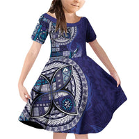 Samoan Siapo Art Tattoo Polynesian Pattern Family Matching Off Shoulder Short Dress and Hawaiian Shirt Navy Color LT03 Daughter's Dress Navy - Polynesian Pride