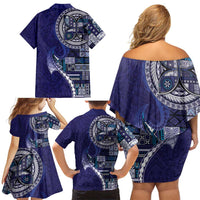 Samoan Siapo Art Tattoo Polynesian Pattern Family Matching Off Shoulder Short Dress and Hawaiian Shirt Navy Color LT03 - Polynesian Pride