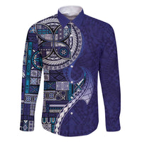Samoan Siapo Art Tattoo Polynesian Pattern Family Matching Short Sleeve Bodycon Dress and Hawaiian Shirt Navy Color LT03 Dad's Shirt - Long Sleeve Navy - Polynesian Pride