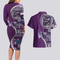Samoan Siapo Art Tattoo Polynesian Pattern Couples Matching Long Sleeve Bodycon Dress and Hawaiian Shirt Purple Color LT03 - Polynesian Pride