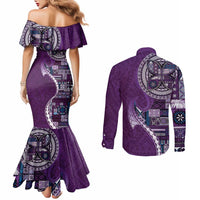 Samoan Siapo Art Tattoo Polynesian Pattern Couples Matching Mermaid Dress and Long Sleeve Button Shirt Purple Color LT03 - Polynesian Pride