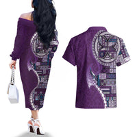 Samoan Siapo Art Tattoo Polynesian Pattern Couples Matching Off The Shoulder Long Sleeve Dress and Hawaiian Shirt Purple Color LT03 - Polynesian Pride