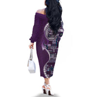 Samoan Siapo Art Tattoo Polynesian Pattern Family Matching Off The Shoulder Long Sleeve Dress and Hawaiian Shirt Purple Color LT03 - Polynesian Pride