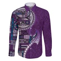 Samoan Siapo Art Tattoo Polynesian Pattern Family Matching Off Shoulder Short Dress and Hawaiian Shirt Purple Color LT03 Dad's Shirt - Long Sleeve Purple - Polynesian Pride
