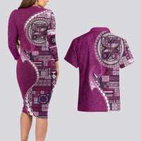 Samoan Siapo Art Tattoo Polynesian Pattern Couples Matching Long Sleeve Bodycon Dress and Hawaiian Shirt Pink Color LT03 - Polynesian Pride