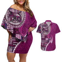 Samoan Siapo Art Tattoo Polynesian Pattern Couples Matching Off Shoulder Short Dress and Hawaiian Shirt Pink Color LT03 Pink - Polynesian Pride