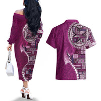 Samoan Siapo Art Tattoo Polynesian Pattern Couples Matching Off The Shoulder Long Sleeve Dress and Hawaiian Shirt Pink Color LT03 - Polynesian Pride