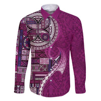 Samoan Siapo Art Tattoo Polynesian Pattern Family Matching Mermaid Dress and Hawaiian Shirt Pink Color LT03 Dad's Shirt - Long Sleeve Pink - Polynesian Pride
