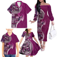 Samoan Siapo Art Tattoo Polynesian Pattern Family Matching Off The Shoulder Long Sleeve Dress and Hawaiian Shirt Pink Color LT03 - Polynesian Pride