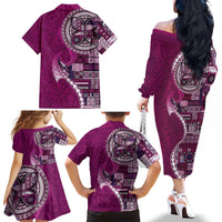 Samoan Siapo Art Tattoo Polynesian Pattern Family Matching Off The Shoulder Long Sleeve Dress and Hawaiian Shirt Pink Color LT03 - Polynesian Pride