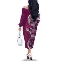 Samoan Siapo Art Tattoo Polynesian Pattern Family Matching Off The Shoulder Long Sleeve Dress and Hawaiian Shirt Pink Color LT03 - Polynesian Pride