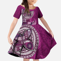 Samoan Siapo Art Tattoo Polynesian Pattern Family Matching Off Shoulder Maxi Dress and Hawaiian Shirt Pink Color LT03 Daughter's Dress Pink - Polynesian Pride