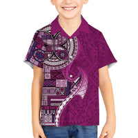 Samoan Siapo Art Tattoo Polynesian Pattern Family Matching Off Shoulder Maxi Dress and Hawaiian Shirt Pink Color LT03 Son's Shirt Pink - Polynesian Pride