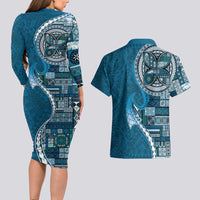 Samoan Siapo Art Tattoo Polynesian Pattern Couples Matching Long Sleeve Bodycon Dress and Hawaiian Shirt Teal Color LT03 - Polynesian Pride