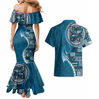 Samoan Siapo Art Tattoo Polynesian Pattern Couples Matching Mermaid Dress and Hawaiian Shirt Teal Color LT03 - Polynesian Pride
