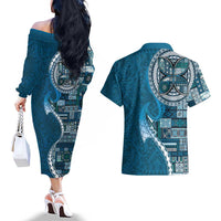Samoan Siapo Art Tattoo Polynesian Pattern Couples Matching Off The Shoulder Long Sleeve Dress and Hawaiian Shirt Teal Color LT03 - Polynesian Pride