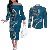 Samoan Siapo Art Tattoo Polynesian Pattern Couples Matching Off The Shoulder Long Sleeve Dress and Long Sleeve Button Shirt Teal Color LT03 Teal - Polynesian Pride