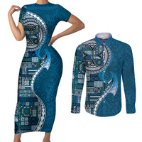 Samoan Siapo Art Tattoo Polynesian Pattern Couples Matching Short Sleeve Bodycon Dress and Long Sleeve Button Shirt Teal Color LT03 Teal - Polynesian Pride