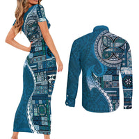 Samoan Siapo Art Tattoo Polynesian Pattern Couples Matching Short Sleeve Bodycon Dress and Long Sleeve Button Shirt Teal Color LT03 - Polynesian Pride