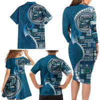 Samoan Siapo Art Tattoo Polynesian Pattern Family Matching Long Sleeve Bodycon Dress and Hawaiian Shirt Teal Color LT03 - Polynesian Pride