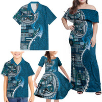 Samoan Siapo Art Tattoo Polynesian Pattern Family Matching Off Shoulder Maxi Dress and Hawaiian Shirt Teal Color LT03 - Polynesian Pride
