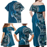 Samoan Siapo Art Tattoo Polynesian Pattern Family Matching Off Shoulder Maxi Dress and Hawaiian Shirt Teal Color LT03 - Polynesian Pride