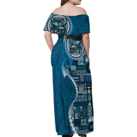 Samoan Siapo Art Tattoo Polynesian Pattern Family Matching Off Shoulder Maxi Dress and Hawaiian Shirt Teal Color LT03 - Polynesian Pride