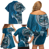 Samoan Siapo Art Tattoo Polynesian Pattern Family Matching Off Shoulder Short Dress and Hawaiian Shirt Teal Color LT03 - Polynesian Pride