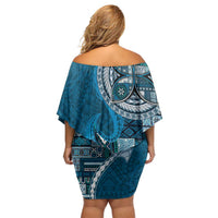 Samoan Siapo Art Tattoo Polynesian Pattern Family Matching Off Shoulder Short Dress and Hawaiian Shirt Teal Color LT03 - Polynesian Pride
