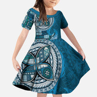 Samoan Siapo Art Tattoo Polynesian Pattern Family Matching Puletasi and Hawaiian Shirt Teal Color LT03 Daughter's Dress Teal - Polynesian Pride