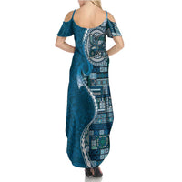 Samoan Siapo Art Tattoo Polynesian Pattern Family Matching Summer Maxi Dress and Hawaiian Shirt Teal Color LT03 - Polynesian Pride