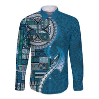 Samoan Siapo Art Tattoo Polynesian Pattern Long Sleeve Button Shirt Teal Color LT03 Unisex Teal - Polynesian Pride
