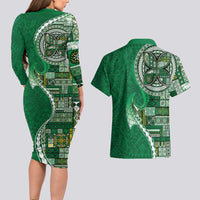 Samoan Siapo Art Tattoo Polynesian Pattern Couples Matching Long Sleeve Bodycon Dress and Hawaiian Shirt Green Color LT03 - Polynesian Pride