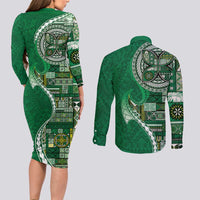 Samoan Siapo Art Tattoo Polynesian Pattern Couples Matching Long Sleeve Bodycon Dress and Long Sleeve Button Shirt Green Color LT03 - Polynesian Pride