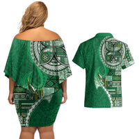 Samoan Siapo Art Tattoo Polynesian Pattern Couples Matching Off Shoulder Short Dress and Hawaiian Shirt Green Color LT03 - Polynesian Pride