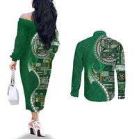 Samoan Siapo Art Tattoo Polynesian Pattern Couples Matching Off The Shoulder Long Sleeve Dress and Long Sleeve Button Shirt Green Color LT03 - Polynesian Pride
