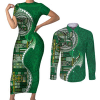 Samoan Siapo Art Tattoo Polynesian Pattern Couples Matching Short Sleeve Bodycon Dress and Long Sleeve Button Shirt Green Color LT03 Green - Polynesian Pride