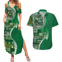 Samoan Siapo Art Tattoo Polynesian Pattern Couples Matching Summer Maxi Dress and Hawaiian Shirt Green Color LT03 Green - Polynesian Pride