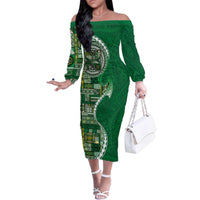 Samoan Siapo Art Tattoo Polynesian Pattern Family Matching Off The Shoulder Long Sleeve Dress and Hawaiian Shirt Green Color LT03 Mom's Dress Green - Polynesian Pride
